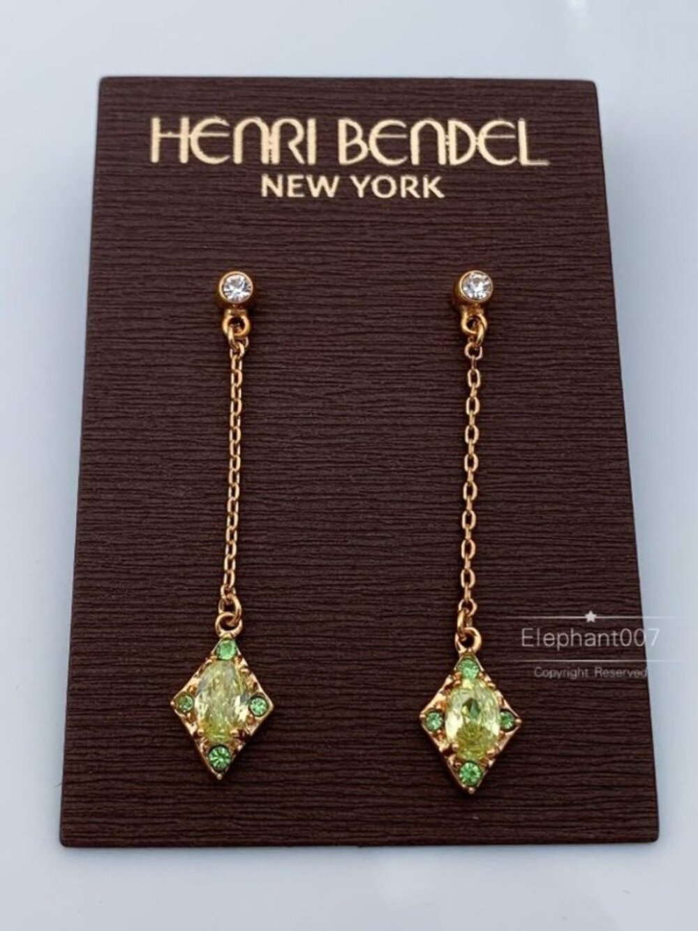 Henri Bendel Green Crystal Dangle Earrings Gold Tone Geometric Drop Earrings